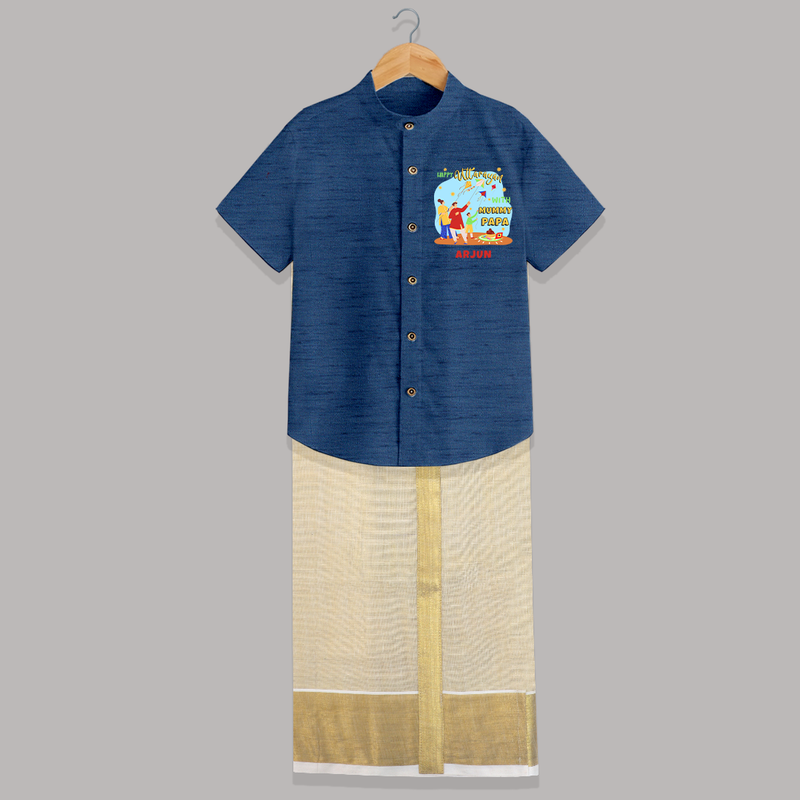 Happy Uttarayan With Mummy Papa   - Customized Raw Silk Shirt And Dhoti For Kids - DEEP BLUE - 0 - 6 Months Old (Chest-23") (Dhoti length-14")