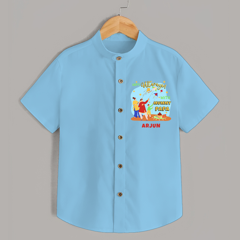 Happy Uttarayan With Mummy Papa   - Customized Shirt For Kids - SKY BLUE - 0 - 6 Months Old (Chest 23")