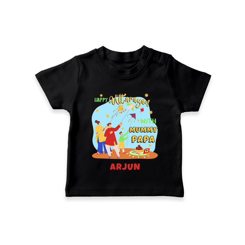 Happy Uttarayan With Mummy Papa   - Customized T-Shirt For Kids - BLACK - 0-5 Months Old (Chest 17")