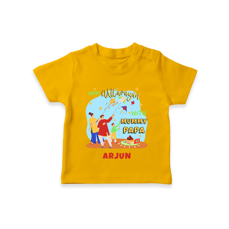 Happy Uttarayan With Mummy Papa   - Customized T-Shirt For Kids - CHROME YELLOW - 0-5 Months Old (Chest 17")