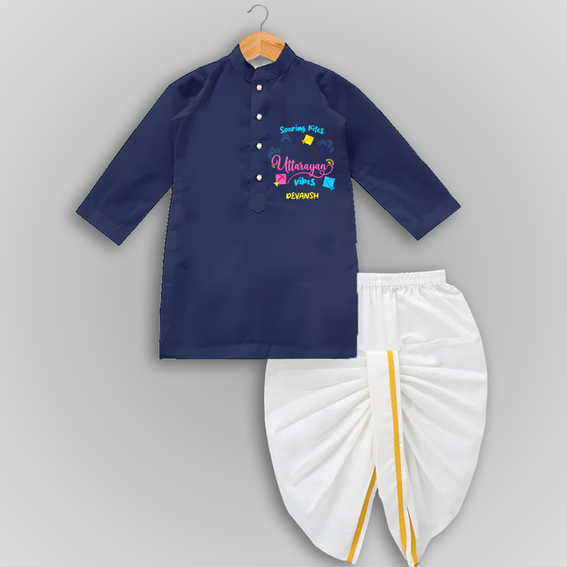 Soaring Kites Uttarayan Vibes - Customized Drapped Dhoti For Kids - NAVY BLUE - 0 - 6 Month Old (Chest 24", Kurta Length 14" , Waist 19", Dhoti Length 14")