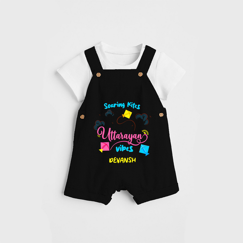 Soaring Kites Uttarayan Vibes - Customized Dungaree Set For Kids - BLACK - 0 - 5 Months Old (Chest 18")