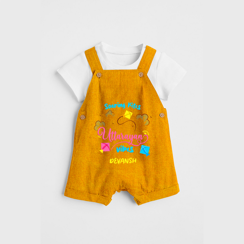 Soaring Kites Uttarayan Vibes - Customized Dungaree Set For Kids - CHROME YELLOW - 0 - 5 Months Old (Chest 18")