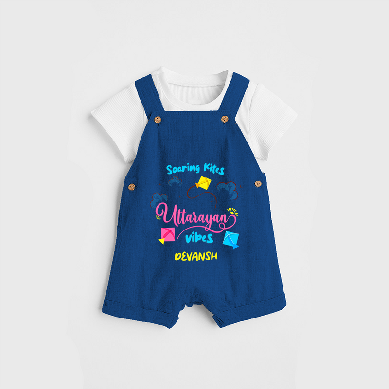 Soaring Kites Uttarayan Vibes - Customized Dungaree Set For Kids - COBALT BLUE - 0 - 5 Months Old (Chest 18")