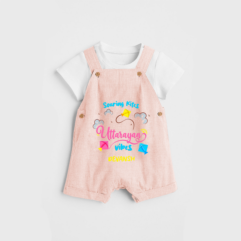 Soaring Kites Uttarayan Vibes - Customized Dungaree Set For Kids - PEACH - 0 - 5 Months Old (Chest 18")