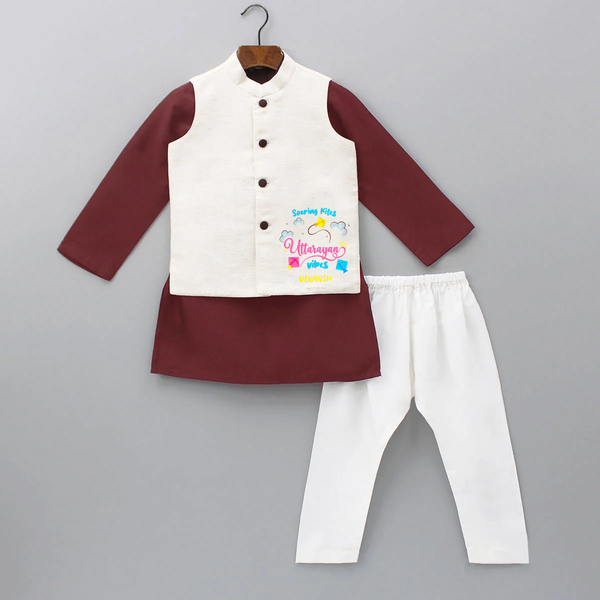 Soaring Kites Uttarayan Vibes - Customized Kurta WaistCoat For Kids - MAROON - 3 - 6 Months Old (Chest 24", Kurta Length 14'', Waist 19", Pant Length 14")