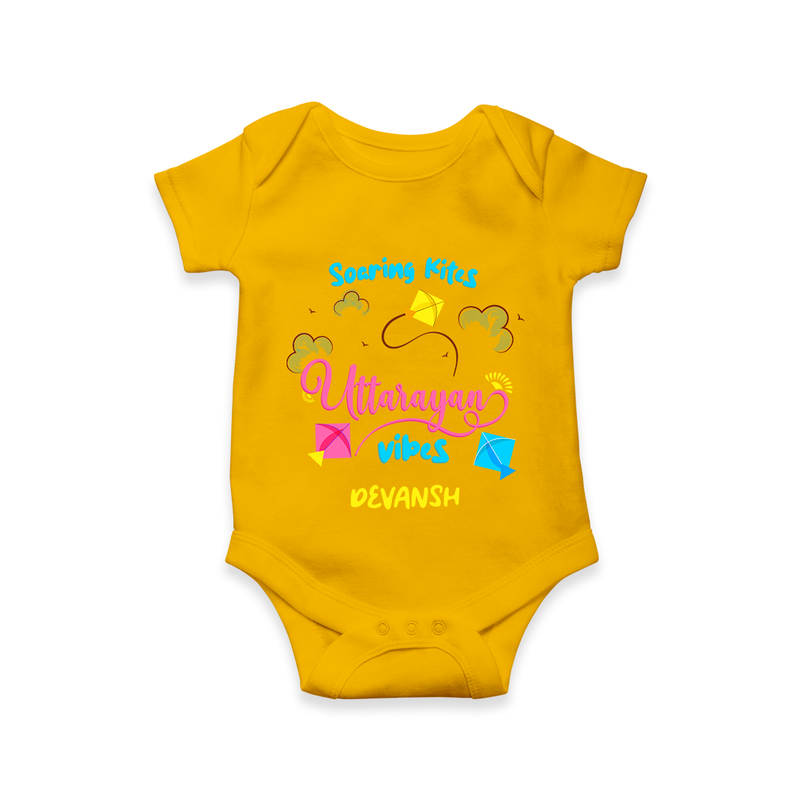 Soaring Kites Uttarayan Vibes - Customized Romper For Babies - CHROME YELLOW - 0 - 3 Months Old (Chest 16")