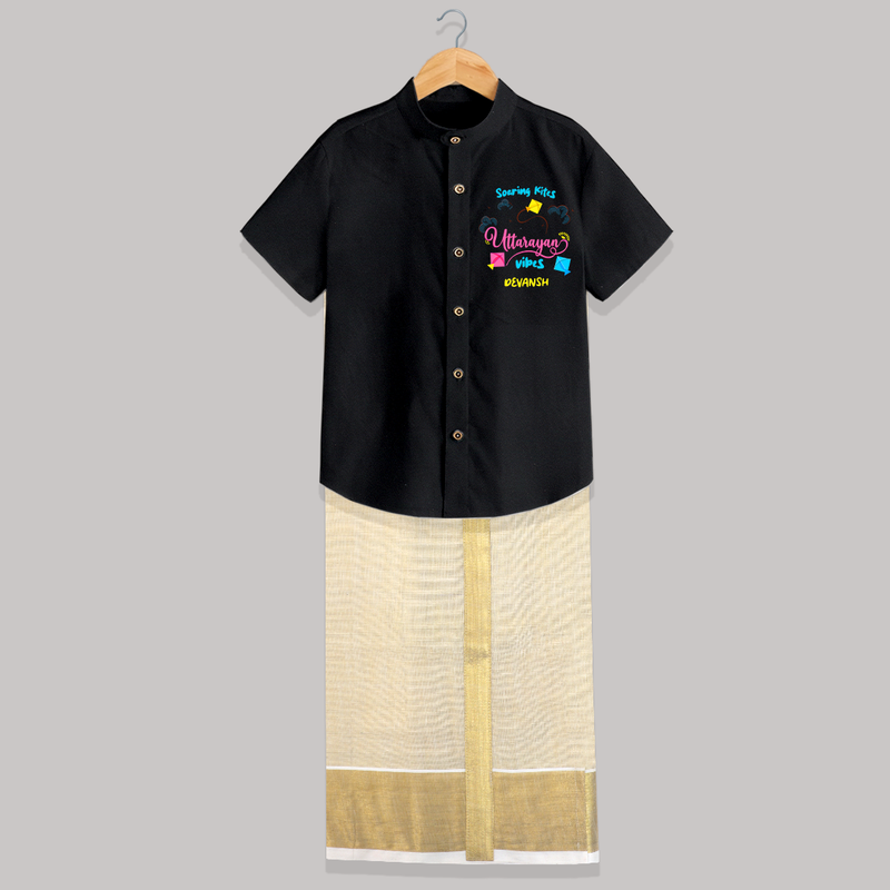 Soaring Kites Uttarayan Vibes - Customized Raw Silk Shirt And Dhoti For Kids - BLACK - 0 - 6 Months Old (Chest-23") (Dhoti length-14")