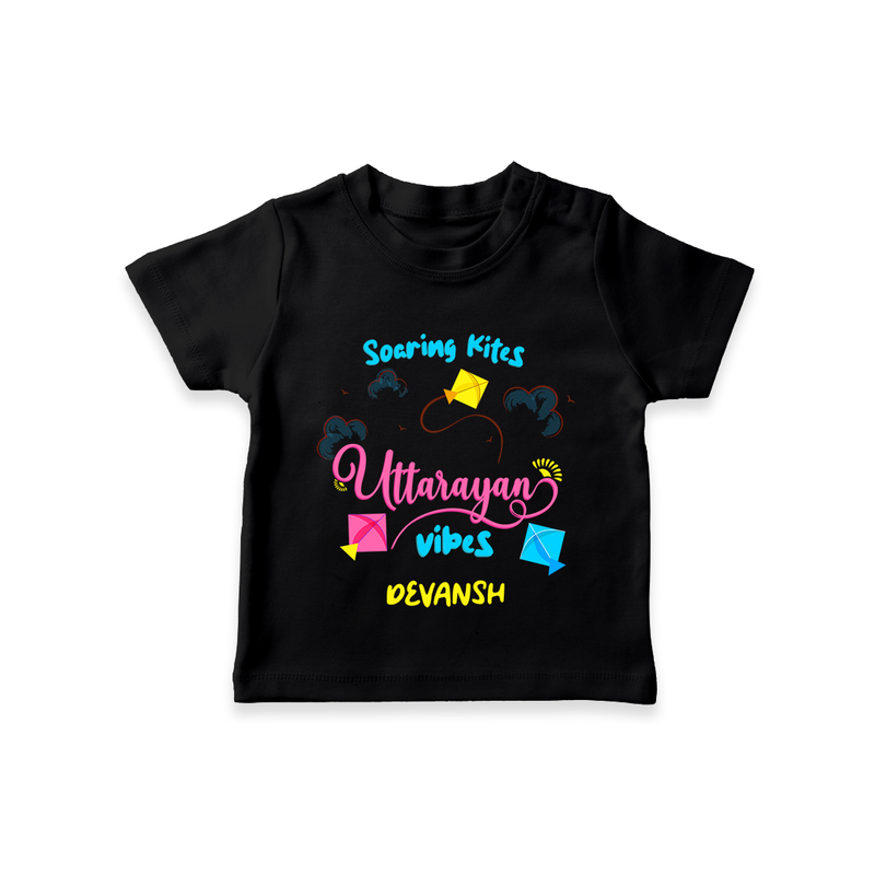 Soaring Kites Uttarayan Vibes - Customized T-Shirt For Kids - BLACK - 0-5 Months Old (Chest 17")