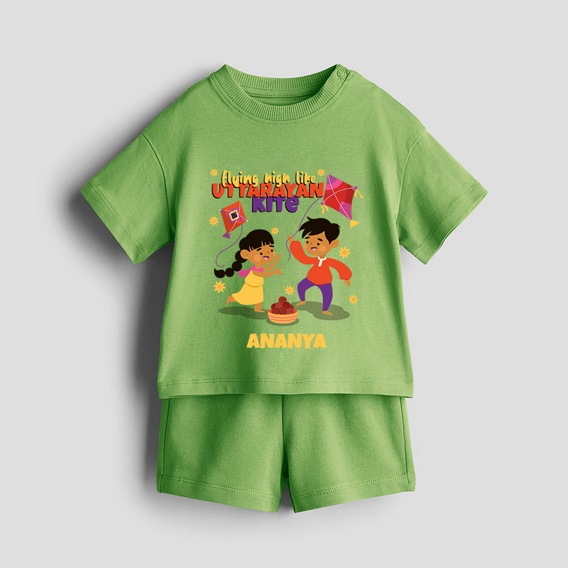 Flying High Like Uttarayan Kite - Customized Co-ord Set For Kids - KIWI GREEN - 1-2 Years Old (Chest 22")