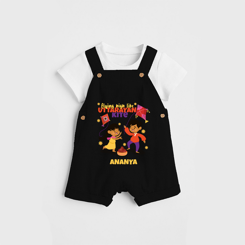 Flying High Like Uttarayan Kite - Customized Dungaree Set For Kids - BLACK - 0 - 5 Months Old (Chest 18")