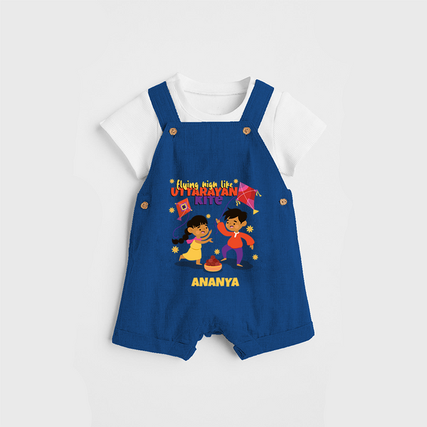 Flying High Like Uttarayan Kite - Customized Dungaree Set For Kids - COBALT BLUE - 0 - 5 Months Old (Chest 18")