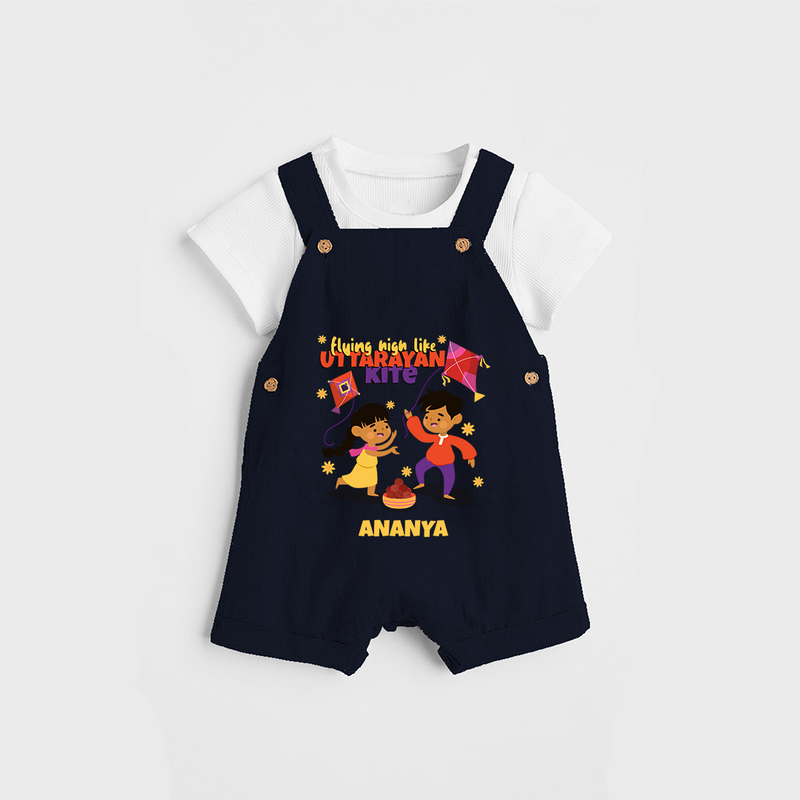 Flying High Like Uttarayan Kite - Customized Dungaree Set For Kids - NAVY BLUE - 0 - 5 Months Old (Chest 18")