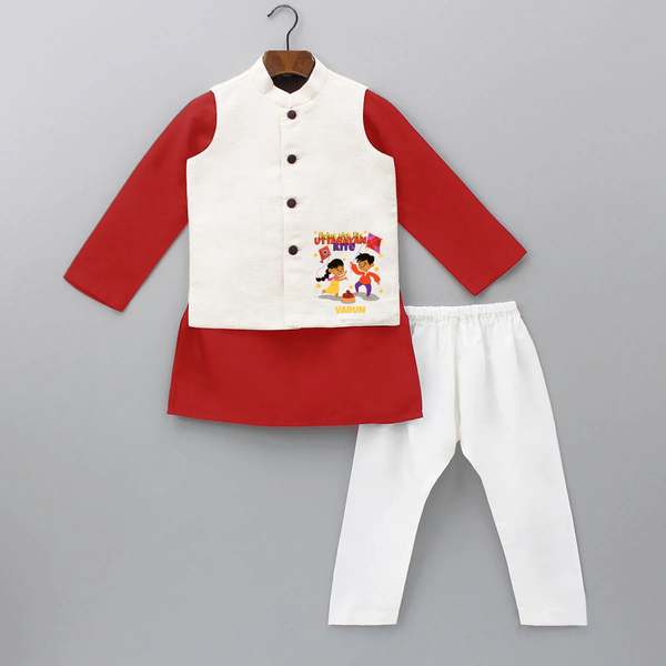 Flying High Like Uttarayan Kite - Customized Kurta WaistCoat For Kids - RED - 3 - 6 Months Old (Chest 24", Kurta Length 14'', Waist 19", Pant Length 14")