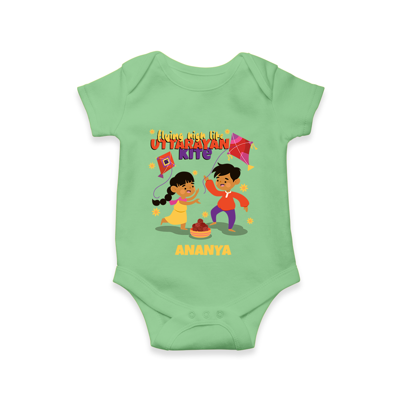 Flying High Like Uttarayan Kite - Customized Romper For Babies - GREEN - 0 - 3 Months Old (Chest 16")