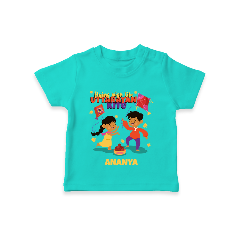 Flying High Like Uttarayan Kite - Customized T-Shirt For Kids - TEAL - 0-5 Months Old (Chest 17")