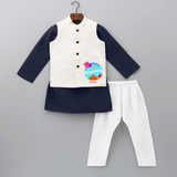 My 1st Uttarayan - Customized Kurta WaistCoat For Kids - NAVY BLUE - 3 - 6 Months Old (Chest 24", Kurta Length 14'', Waist 19", Pant Length 14")