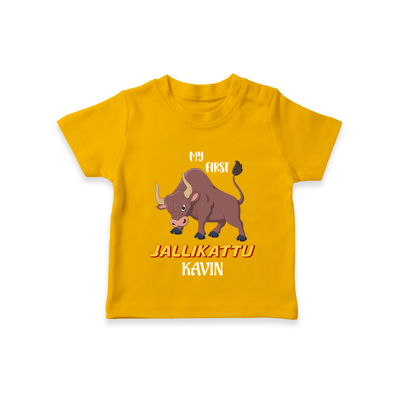 "My First Jallikattu - Customized T-Shirt for Kids With Name" - CHROME YELLOW - 0-5 Months Old (Chest 17")