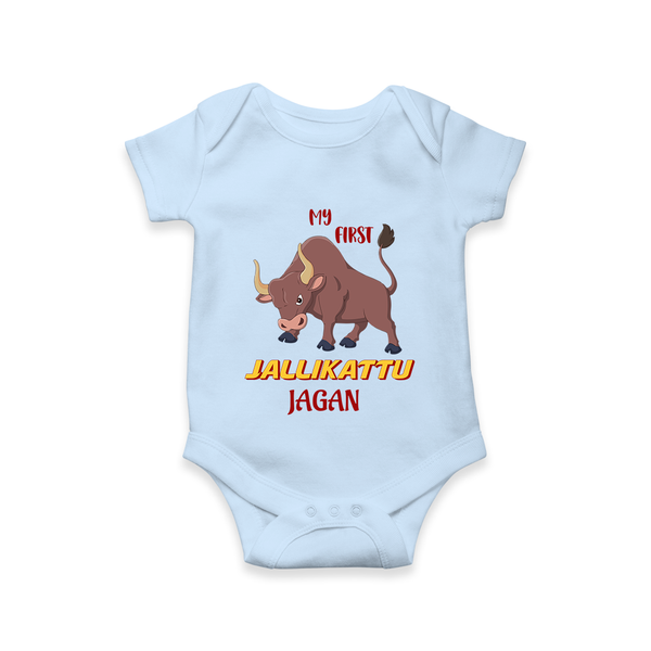 "My First Jallikattu - Customized Romper for Babies With Name" - BABY BLUE - 0 - 3 Months Old (Chest 16")