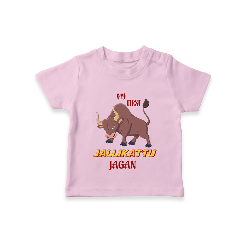 "My First Jallikattu - Customized T-Shirt for Kids With Name" - PINK - 0-5 Months Old (Chest 17")