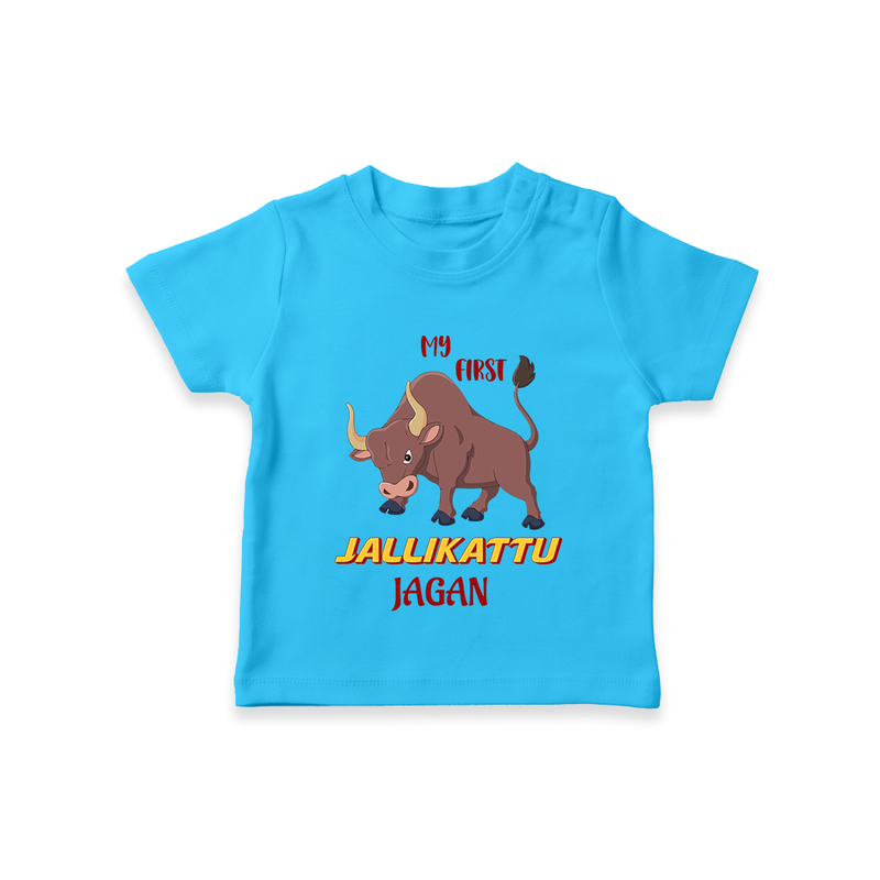 "My First Jallikattu - Customized T-Shirt for Kids With Name" - SKY BLUE - 0-5 Months Old (Chest 17")