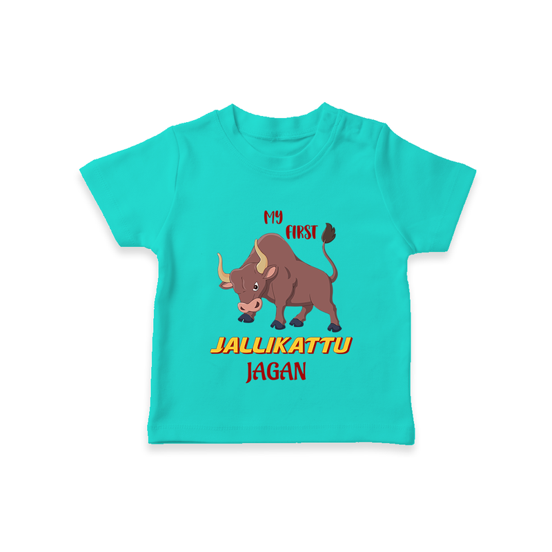 "My First Jallikattu - Customized T-Shirt for Kids With Name" - TEAL - 0-5 Months Old (Chest 17")