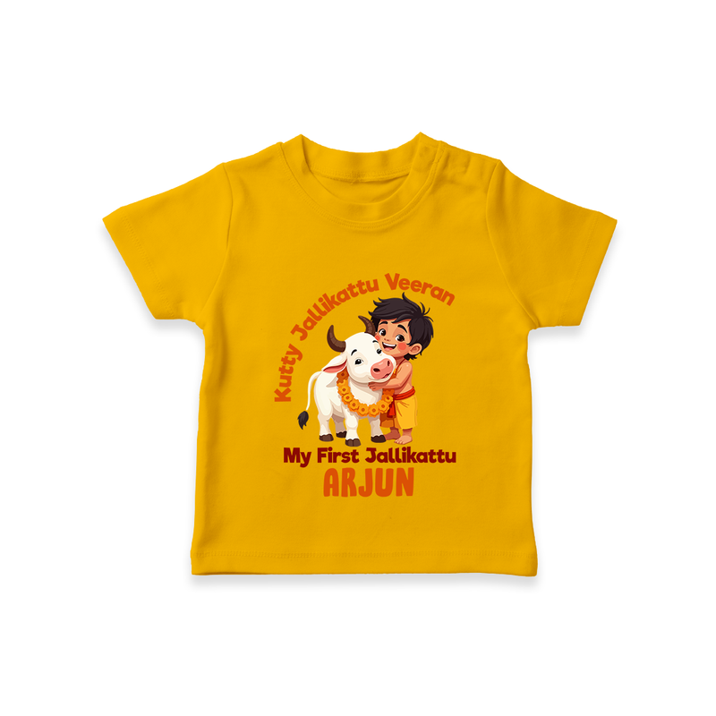 "My First Jallikattu - Adorable Customized T-Shirt for Kids with Name" - CHROME YELLOW - 0-5 Months Old (Chest 17")