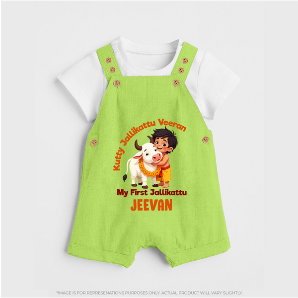 Kutty Jallikattu Veeran Kids Dungaree – Custom Name Design - GREEN - 0 - 5 Months Old (Chest 18")