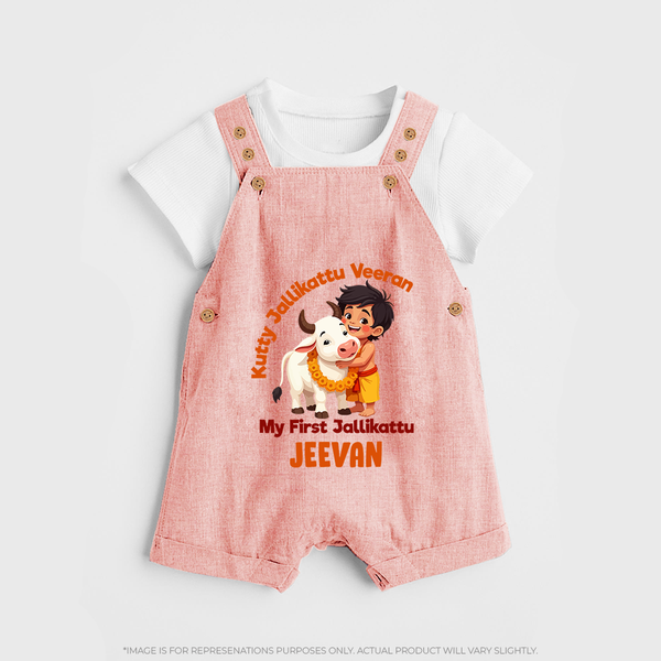 Kutty Jallikattu Veeran Kids Dungaree – Custom Name Design - PEACH - 0 - 5 Months Old (Chest 18")