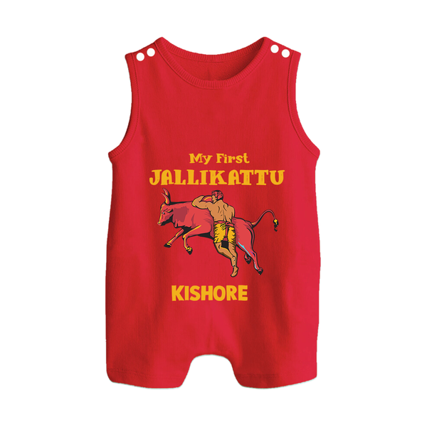 My First Jallikattu Kids Romper Suit – Personalized Pongal Wear - RED - 0 - 5 Months Old (Chest 18")
