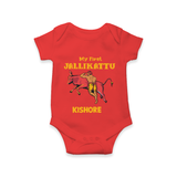 My First Jallikattu Kids Romper – Personalized Pongal Wear - RED - New Born (Chest 14")