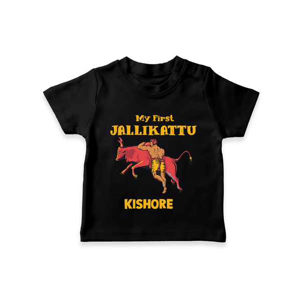 My First Jallikattu Kids T-Shirt – Personalized Pongal Wear - BLACK - 0-5 Months Old (Chest 17")