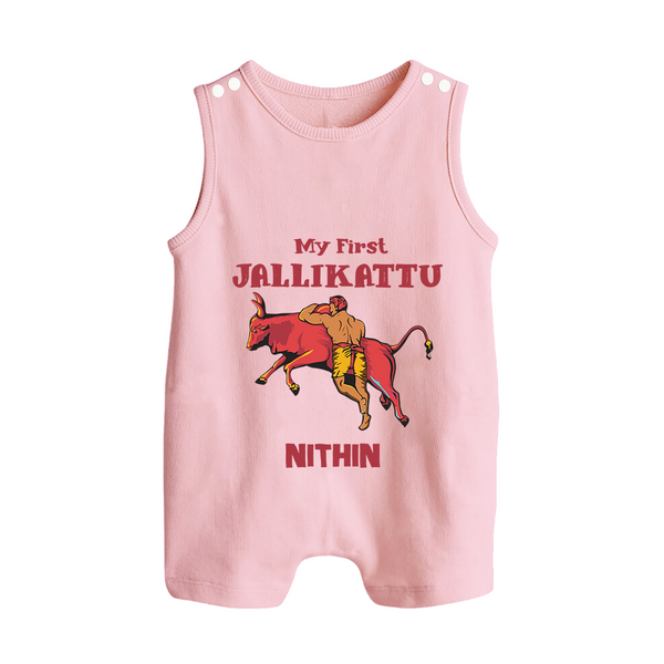 My First Jallikattu Kids Romper Suit – Personalized Pongal Wear - BABY PINK - 0 - 5 Months Old (Chest 18")