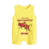 My First Jallikattu Kids Romper Suit – Personalized Pongal Wear - PASTEL YELLOW - 0 - 5 Months Old (Chest 18")