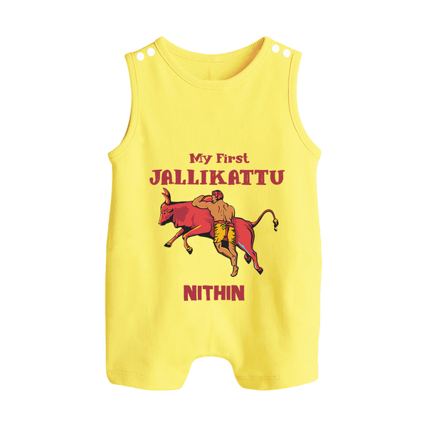 My First Jallikattu Kids Romper Suit – Personalized Pongal Wear - PASTEL YELLOW - 0 - 5 Months Old (Chest 18")