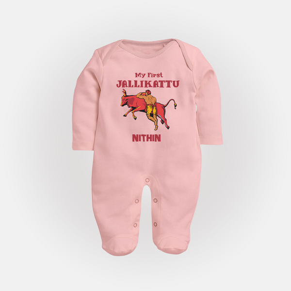 My First Jallikattu Kids Fullbody Suit – Personalized Pongal Wear - BABY PINK - New Born (Chest 7.5")