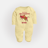 My First Jallikattu Kids Fullbody Suit – Personalized Pongal Wear - PASTEL YELLOW - New Born (Chest 7.5")