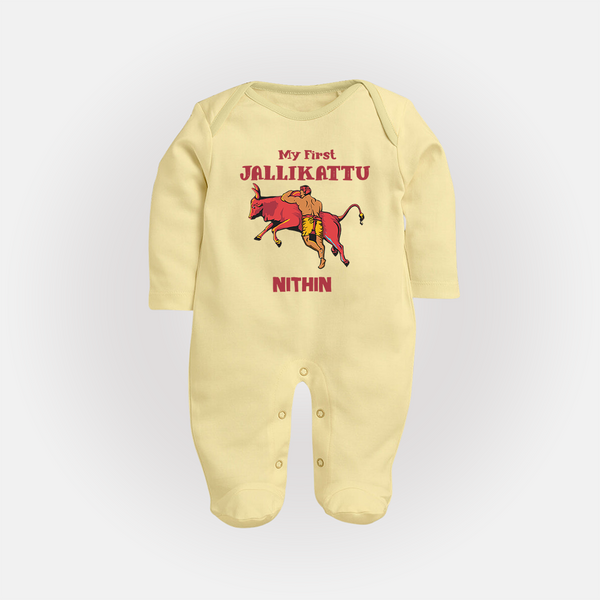 My First Jallikattu Kids Fullbody Suit – Personalized Pongal Wear - PASTEL YELLOW - New Born (Chest 7.5")