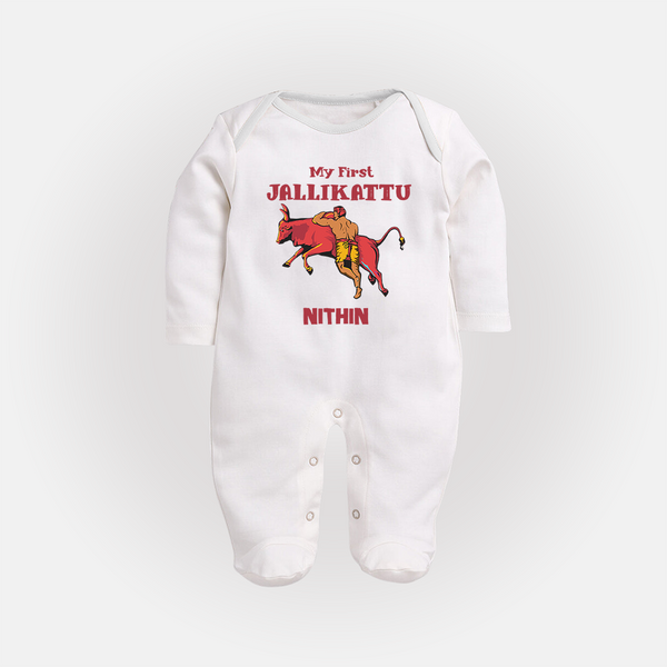 My First Jallikattu Kids Fullbody Suit – Personalized Pongal Wear - WHITE - New Born (Chest 7.5")