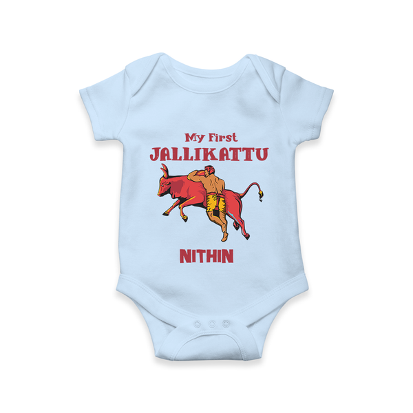 My First Jallikattu Kids Romper – Personalized Pongal Wear - BABY BLUE - New Born (Chest 14")