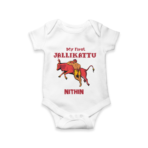 My First Jallikattu Kids Romper – Personalized Pongal Wear - WHITE - New Born (Chest 14")