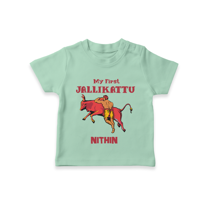 "My First Jallikattu - Perfect Customized T-Shirt for Kids with Name" - MINT GREEN - 0-5 Months Old (Chest 17")