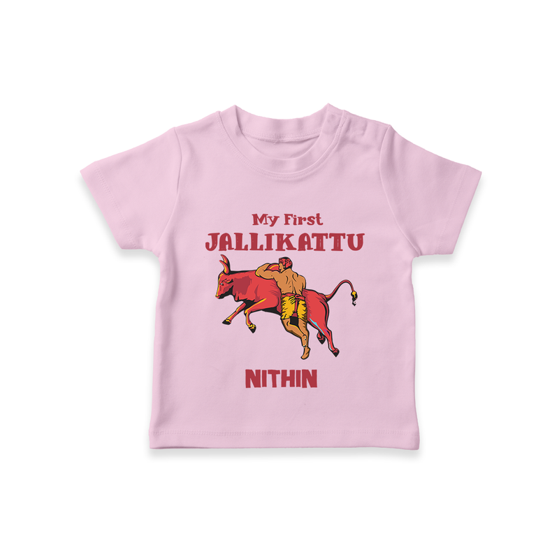 "My First Jallikattu - Perfect Customized T-Shirt for Kids with Name" - PINK - 0-5 Months Old (Chest 17")