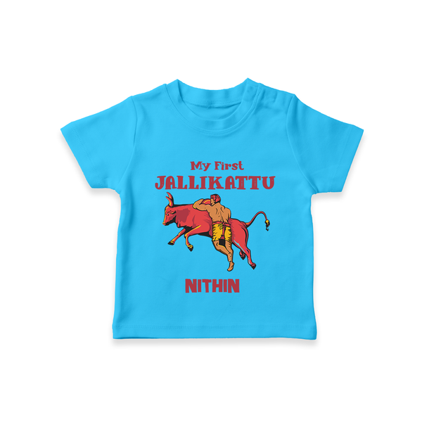 My First Jallikattu Kids T-Shirt – Personalized Pongal Wear - SKY BLUE - 0-5 Months Old (Chest 17")