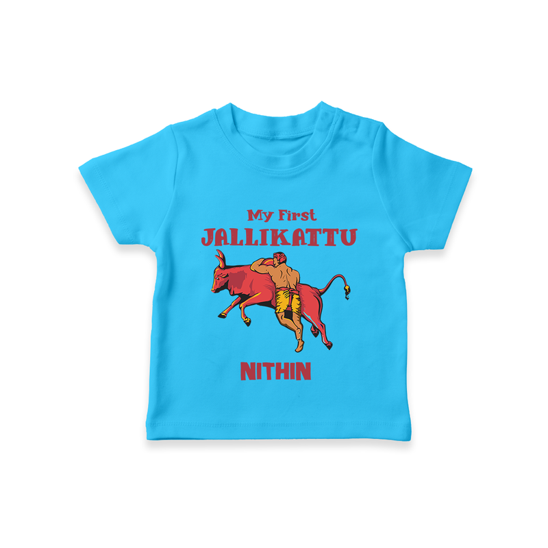 "My First Jallikattu - Perfect Customized T-Shirt for Kids with Name" - SKY BLUE - 0-5 Months Old (Chest 17")