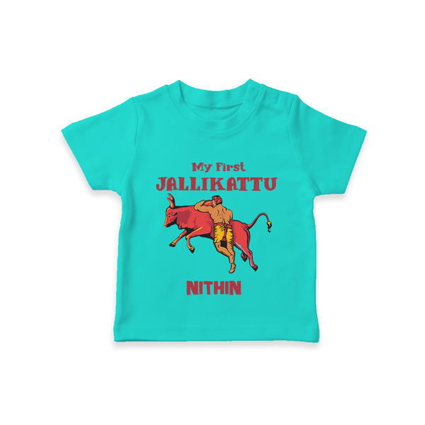 My First Jallikattu Kids T-Shirt – Personalized Pongal Wear - TEAL - 0-5 Months Old (Chest 17")