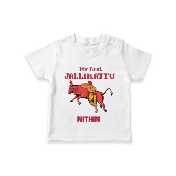 My First Jallikattu Kids T-Shirt – Personalized Pongal Wear - WHITE - 0-5 Months Old (Chest 17")