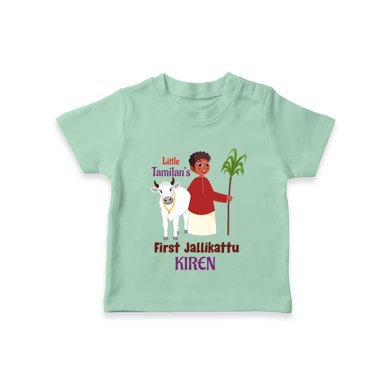 "Little Tamilan's - My First Jallikattu Customized T-Shirt for Kids with Name" - MINT GREEN - 0-5 Months Old (Chest 17")