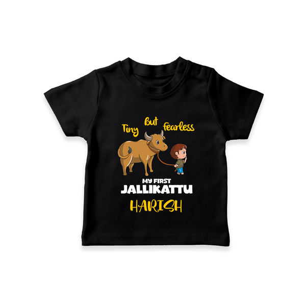 "My First Jallikattu Celebration - Adorable Customized T-Shirt for Kids with Name" - BLACK - 0-5 Months Old (Chest 17")