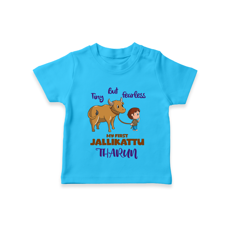 "My First Jallikattu Celebration - Adorable Customized T-Shirt for Kids with Name" - SKY BLUE - 0-5 Months Old (Chest 17")